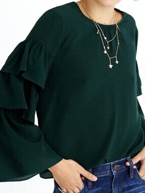 Madewell Dark Green Silk Ruffle Sleeve Blouse - Size XS